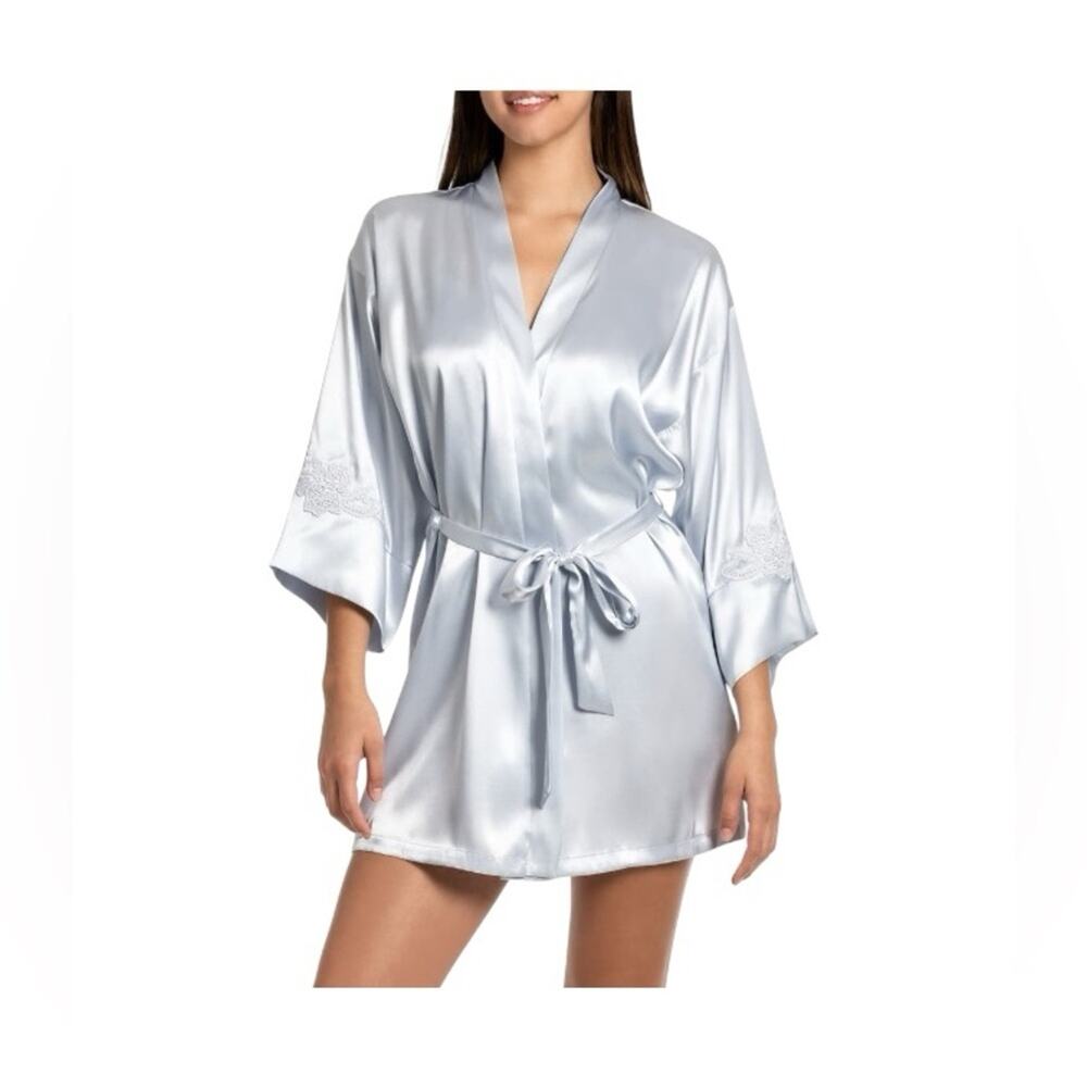 In Bloom by Jonquil Reine Lace Trim Satin Robe Silver Gray Size Medium Large
